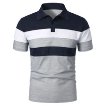 camisa polo masculina listrada cinza e azul