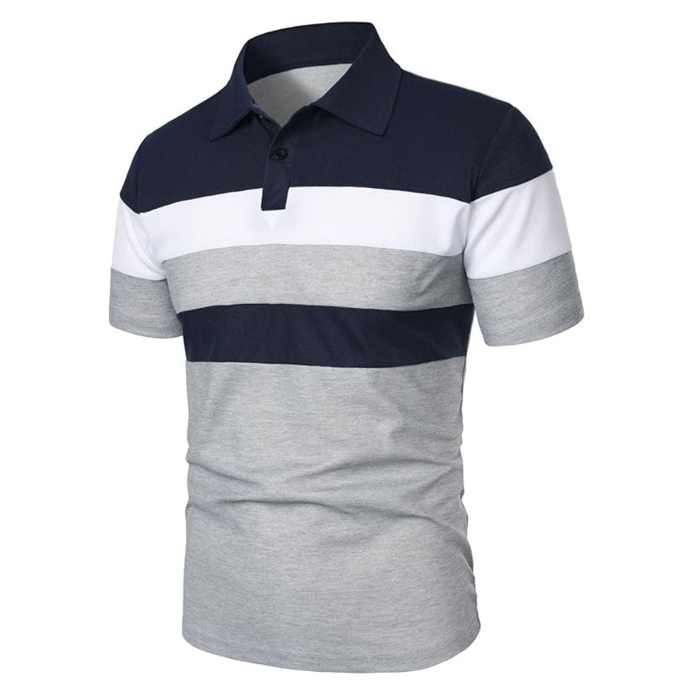 camisa polo masculina listrada cinza e azul